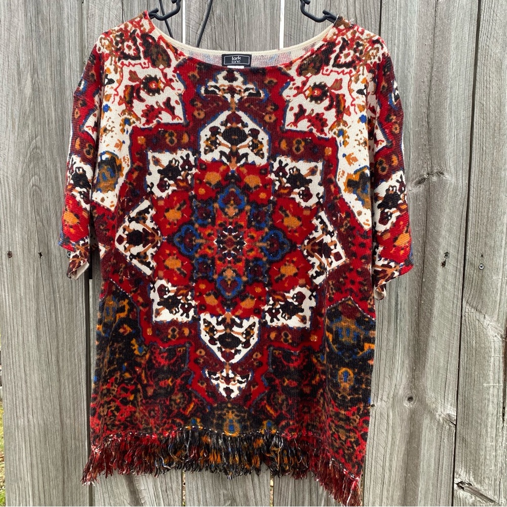 Lark Lane Womens Small Red Multi Persian Rug Print Fringe Knit Sweater Top S‎